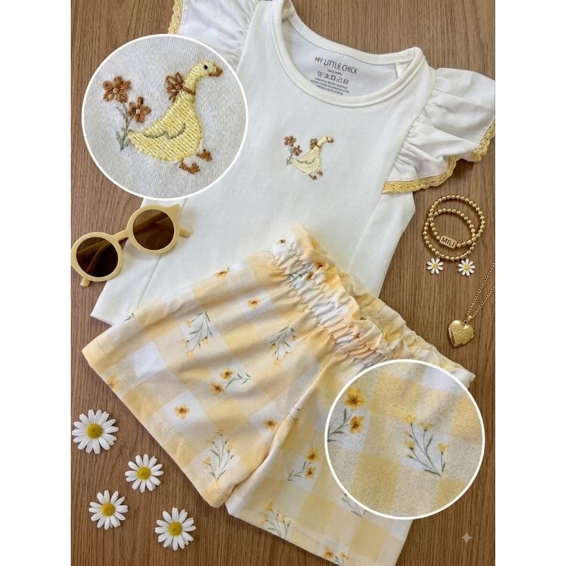 Conjunto Infantil blogueirinha Menina Bebê Algodão Blusa Bordada Short Xadrez Verão Moda Infantil Tamanho PMG 02 e 03