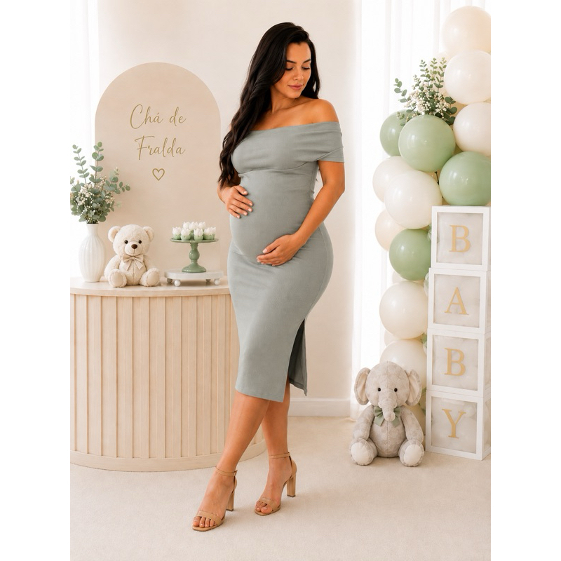 Vestido para Grávida Midi Elegante com Fenda para chá de fralda e ensaio gestante