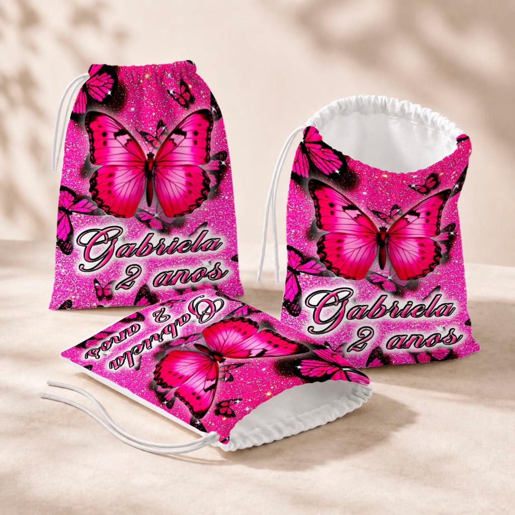 20 Sacolinhas Personalizada Festa Infantil 18x26 Aniversário Lembrancinha Borboleta Rosa M2