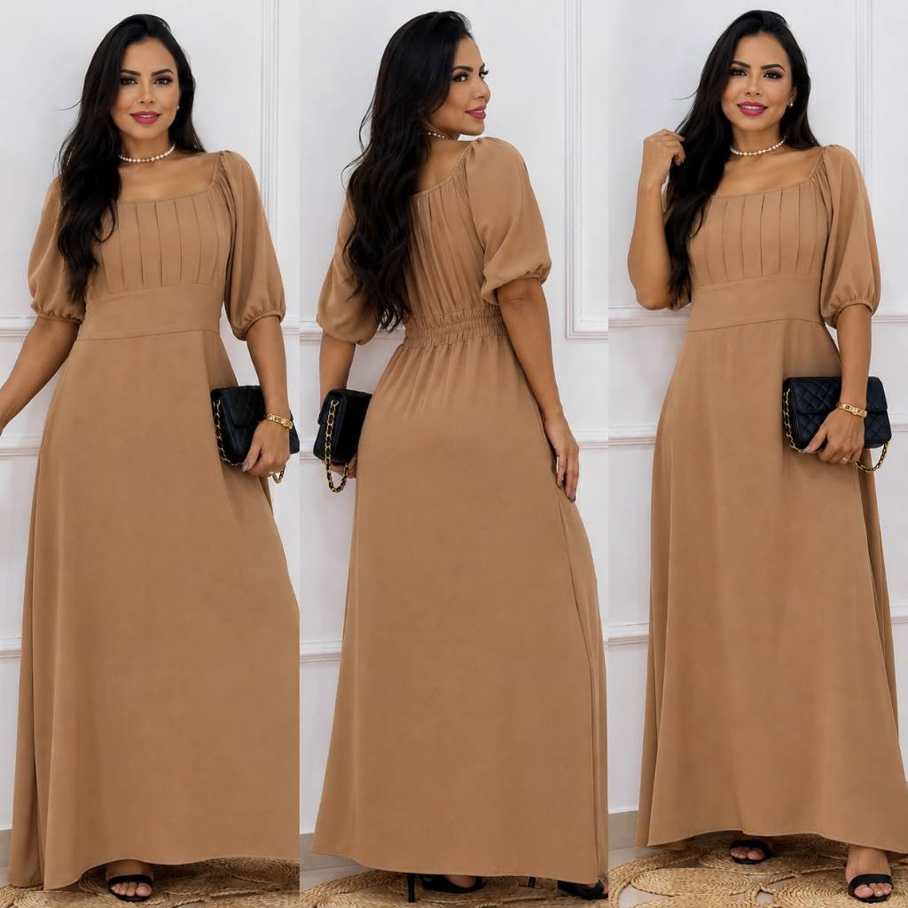 Vestido Longo Com Manga Evangélico com Lastex Nas Costas Tecido Duna