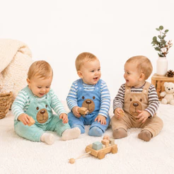 Conjunto para Bebê Menino Jardineira + Camiseta Longa Bordada Listras Inverno Algodão