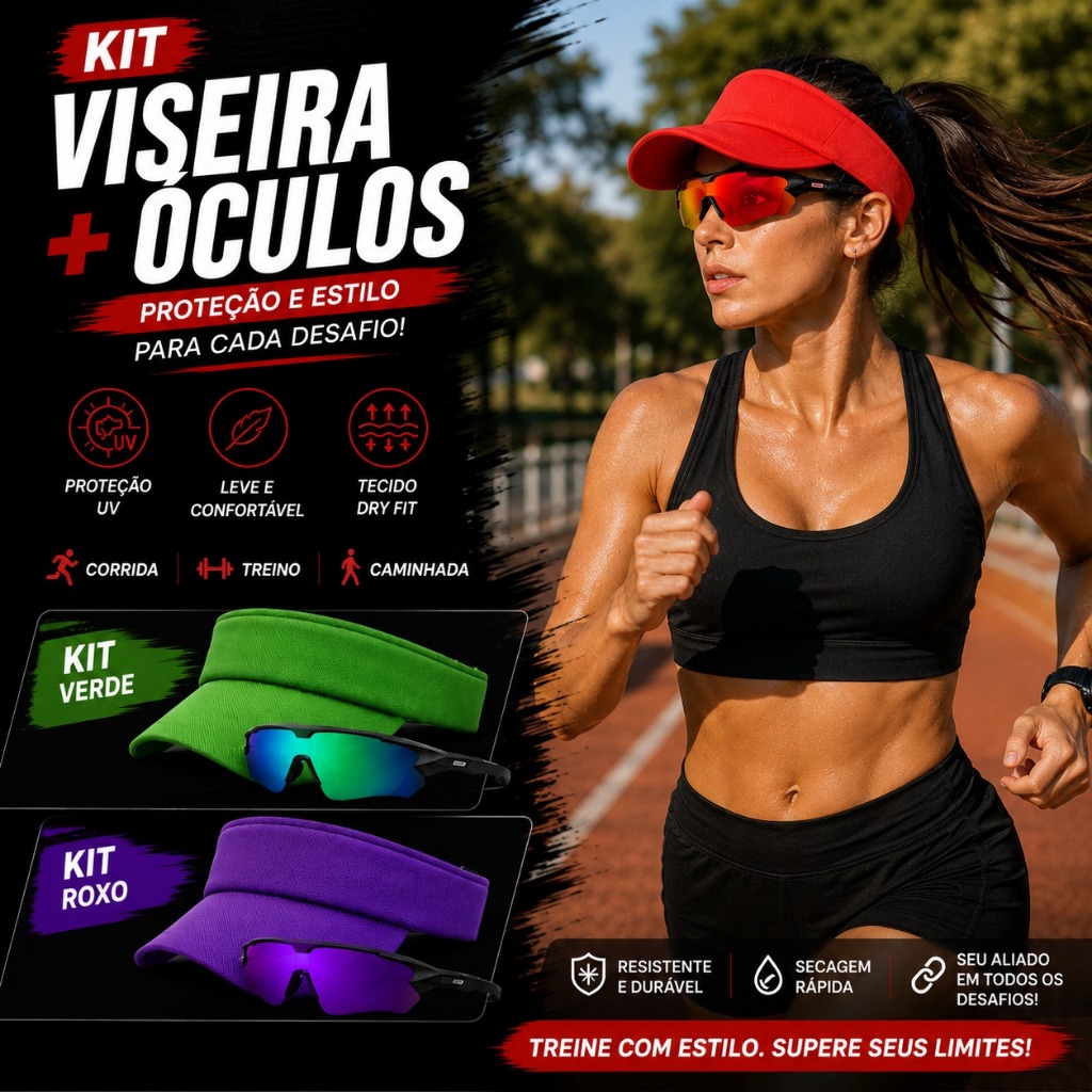 Kit Corrida Ciclismo Viseira Lisa Ajustável + Oculos de Sol Lente Polarizada Proteção UV400