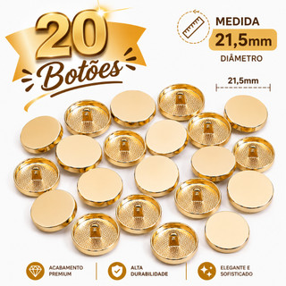 20 Peças Botão Costura 21,5mm Metal Dourado Liso Tamanho 34