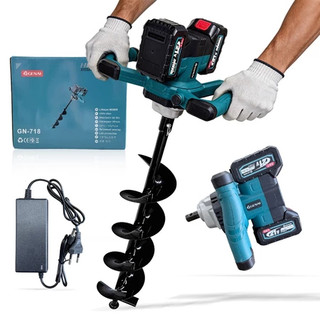 【Frete Rápido】Kit Fura-Terra Sem Fio GENAI 21V - 10 Células, 2 Baterias, Carregador e Broca Inclusa
