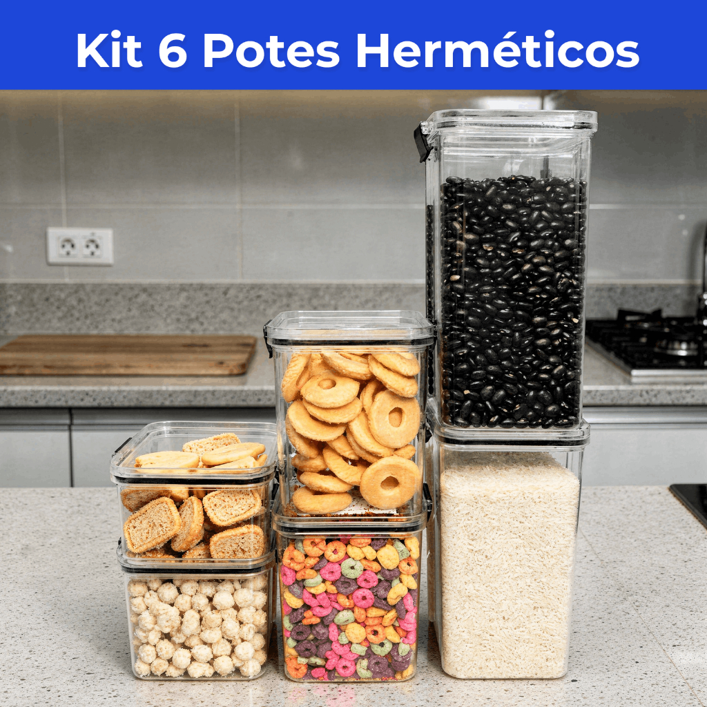 Kit 6 Potes Herméticos com Trava Empilhável Resistente Transparente Organiza Mantimentos e Alimentos