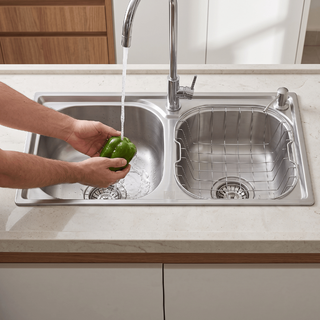 Cuba Dupla Gourmet Aço Inox 201 68x38cm Cozinha Com Cesto Escorredor Dispenser V