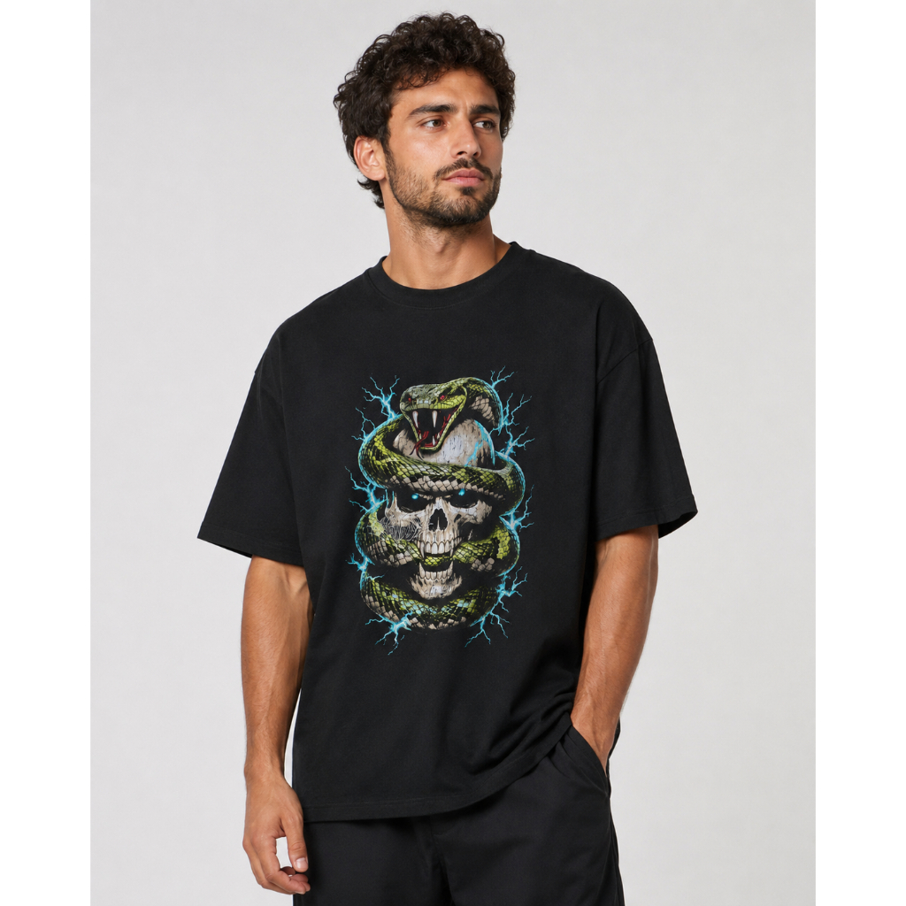 Camiseta Oversized Estampada Caveira Cobra Elétrica Dark Streetwear 100% Algodão Suedine