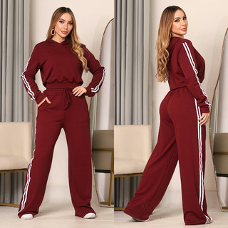 Conjunto Feminino Moletom Look Cropped Capuz Calça Pantalona Rib Canelada Listrado Casual Inverno