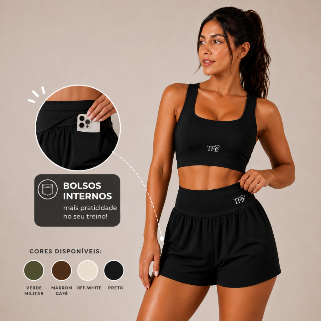CONJUNTO FITNESS FEMININO DE CORRIDA - TOP COM BOJO REMOVÍVEL + SHORT DUPLO COM BOLSOS