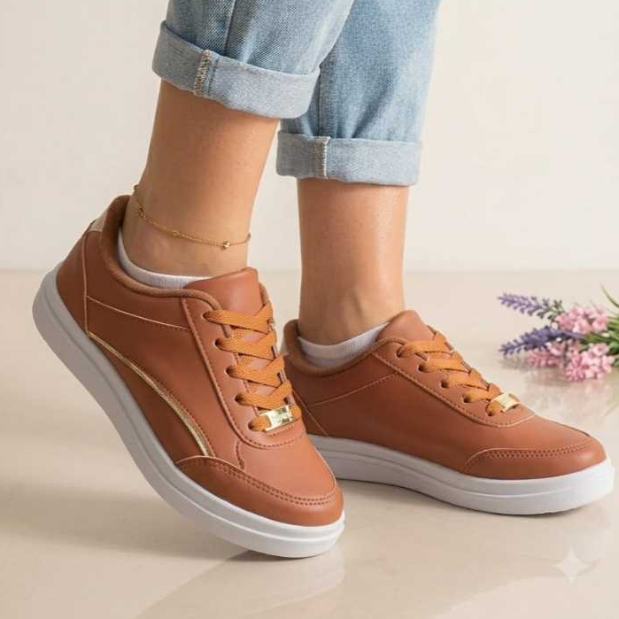Tênis Feminino Casual Premium Detalhe Dourado Couro Sintético Confortável Leve Solado Branco 34 ao 39