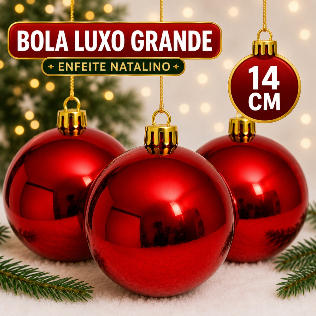 Kit 6 Bola Luxo Natal Grande 14cm Brilhante Lisa Vermelha Dourada Decoração Natalina Árvores Grandes