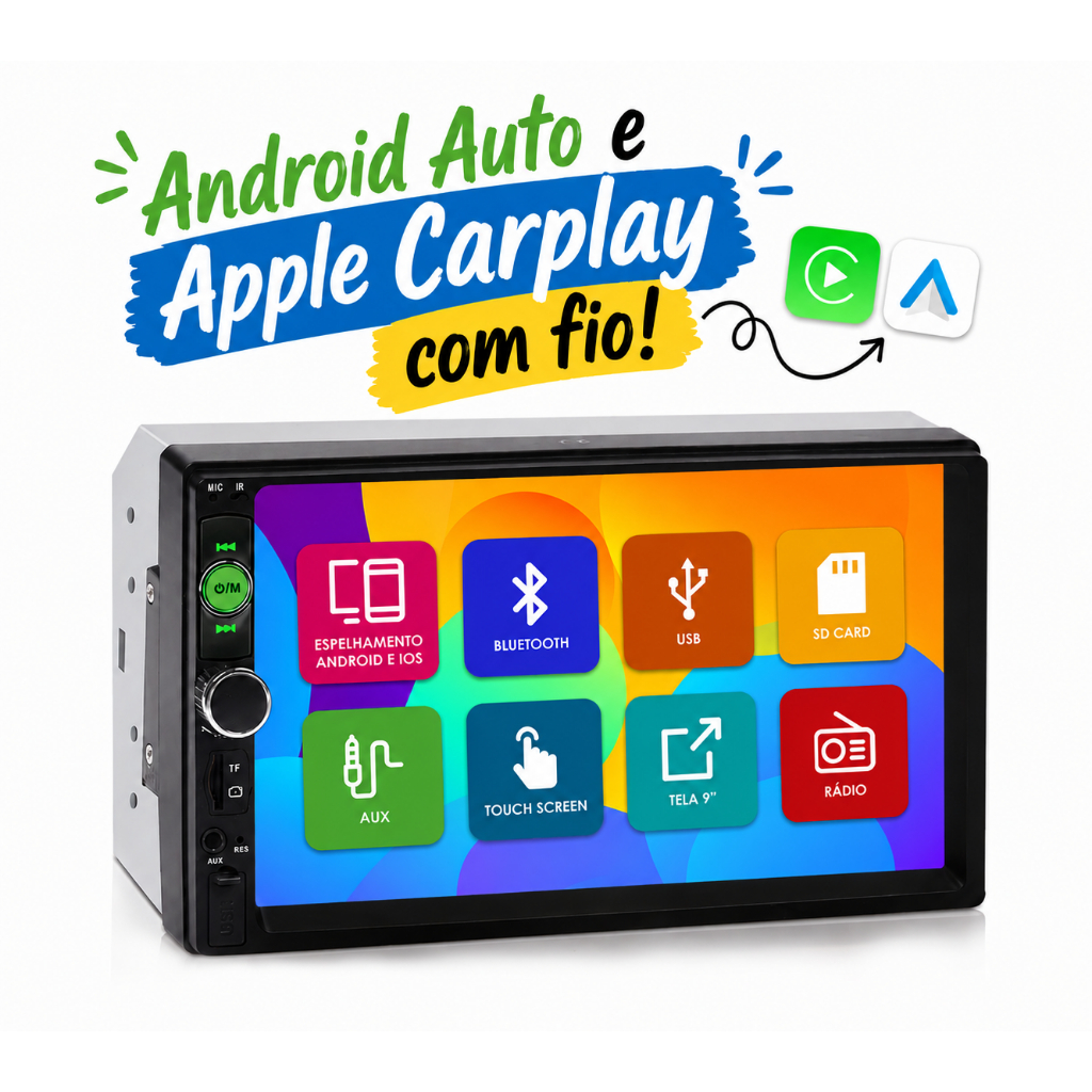 Central Multimídia E-Tech Light Apple Carplay Android Auto com Fio 7 Pol 2 Din Universal Controle remoto 200W