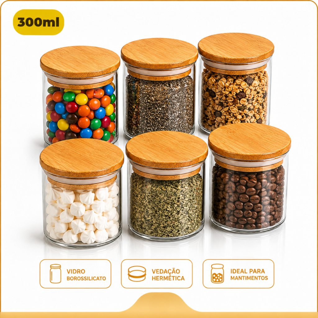 Kit 2 4 6 Potes De Vidro Hermético 300ml Bambu Porta Mantimentos Tempero Chás
