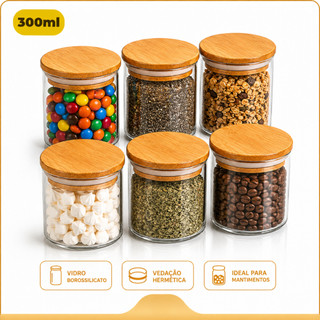 Kit 2 4 6 Potes De Vidro Hermético 300ml Bambu Porta Mantimentos Tempero Chás