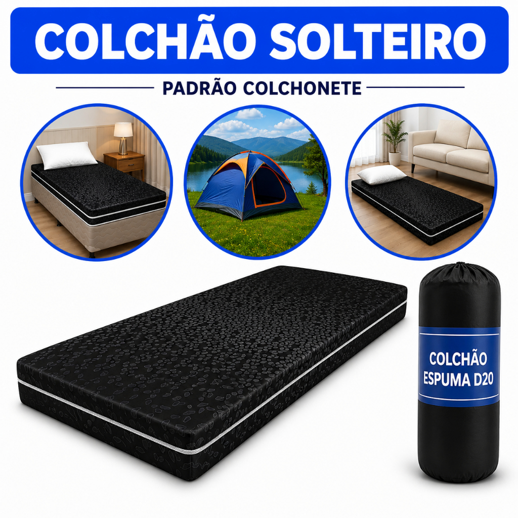 Colchão de Solteiro 88x188x8cm Espuma D20 Padrão Colchonete 8cm de Altura Multiuso confortável