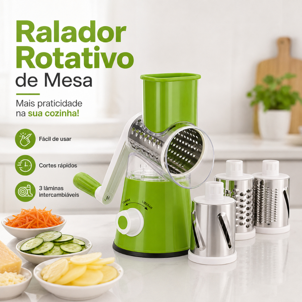 Ralador Cortador Manual 3 Lâminas Giratório Inox Fatiador de Legumes Frutas e Verduras para Cozinha