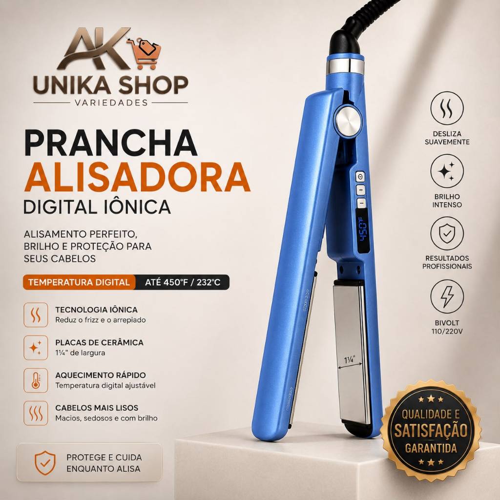 Prancha Alisadora Profissional Digital Iônica 450°F (232°C) Placa Cerâmica 1¼” Bivolt 110/220V
