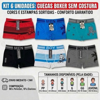 kit 06 Cueca Boxer bebê Infantil Juvenil 2 a 16 anos Microfibra Preço de fábrica