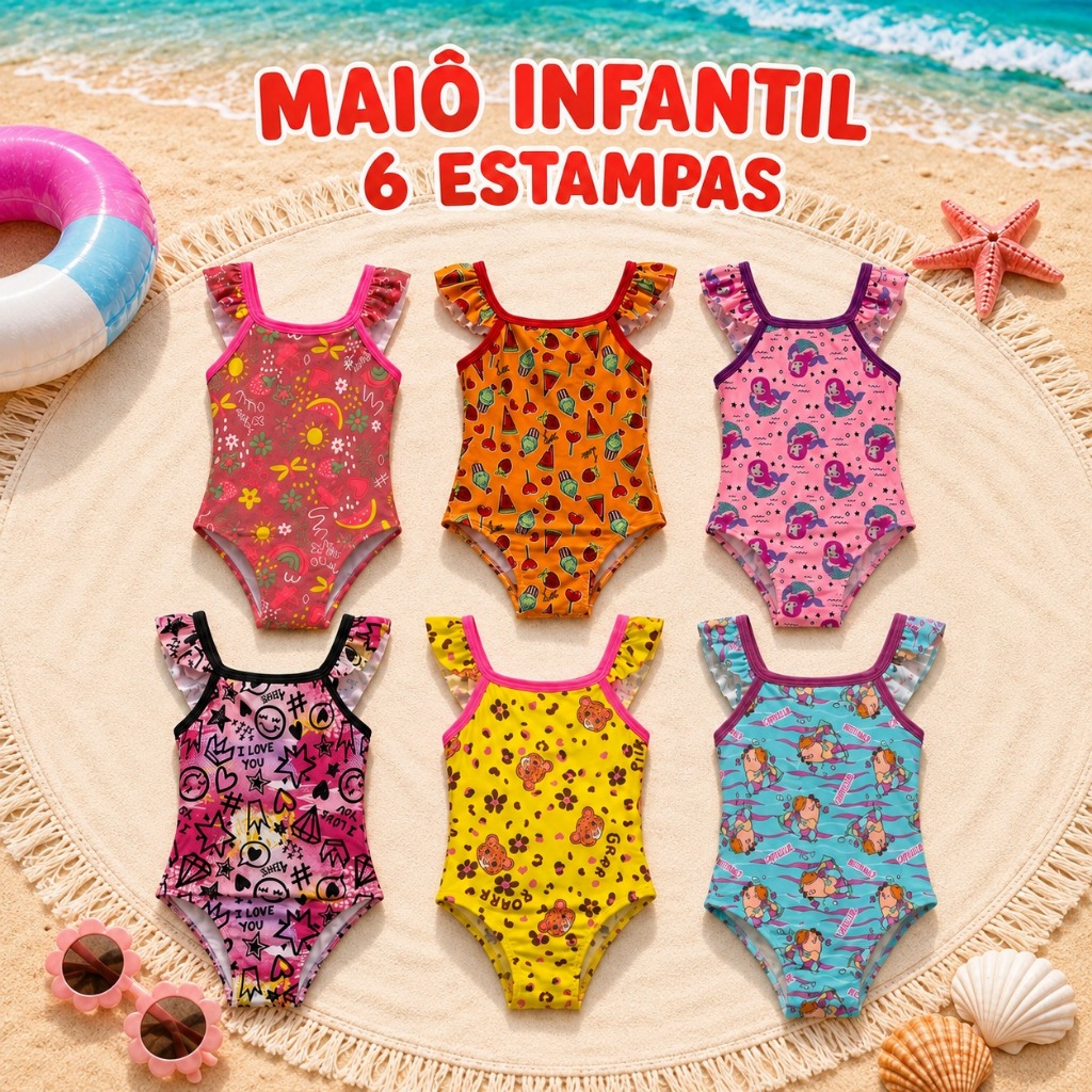 Maiô Infantil Estampado Menina para Natação Babado nos Ombros Coloridos