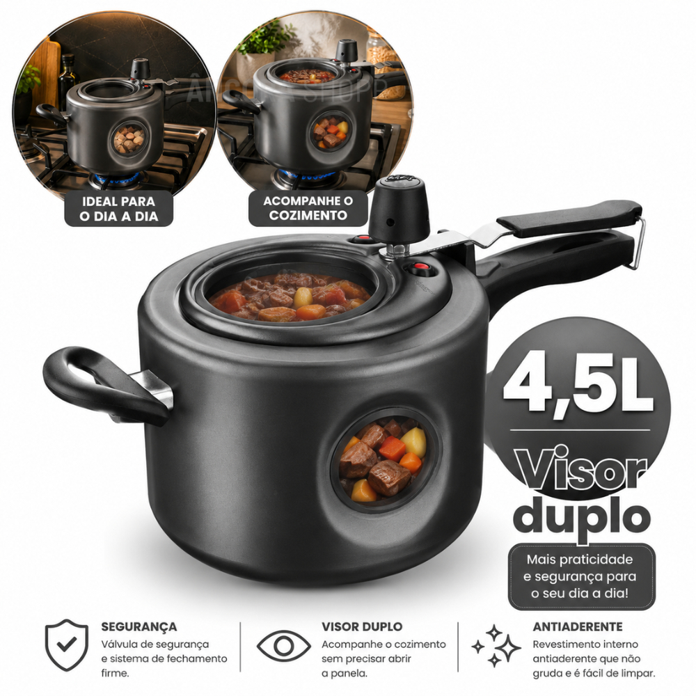 Panela de Pressão 4,5L Antiaderente com Visor Duplo de Vidro na Tampa e Lateral Grande Grafite