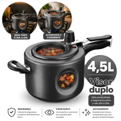 Panela de Pressão 4,5L Antiaderente com Visor Duplo de Vidro na Tampa e Lateral Grande Grafite