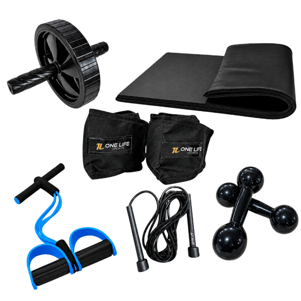 Kit Treino Aeróbico Completo - Caneleira 1kg Halter 1kg Colchonete Roda Extensor Corda