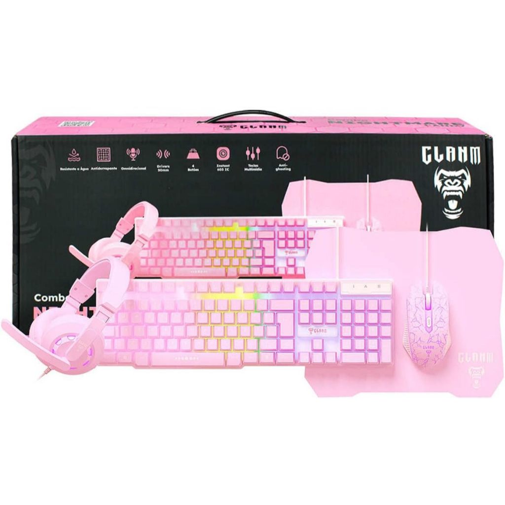 Combo Kit Gamer Barato 4 em 1 Rosa Teclado Semi Mecânico Mouse e Headset LED RGB
