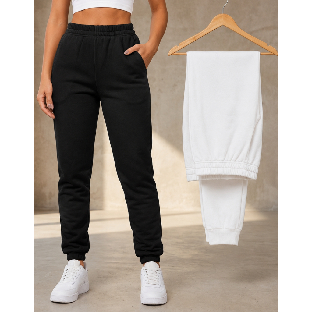 Kit 2 Calças Moletom Jogger Feminina Academia Fitnes Treino Confortável Frio Slim Com Bolso
