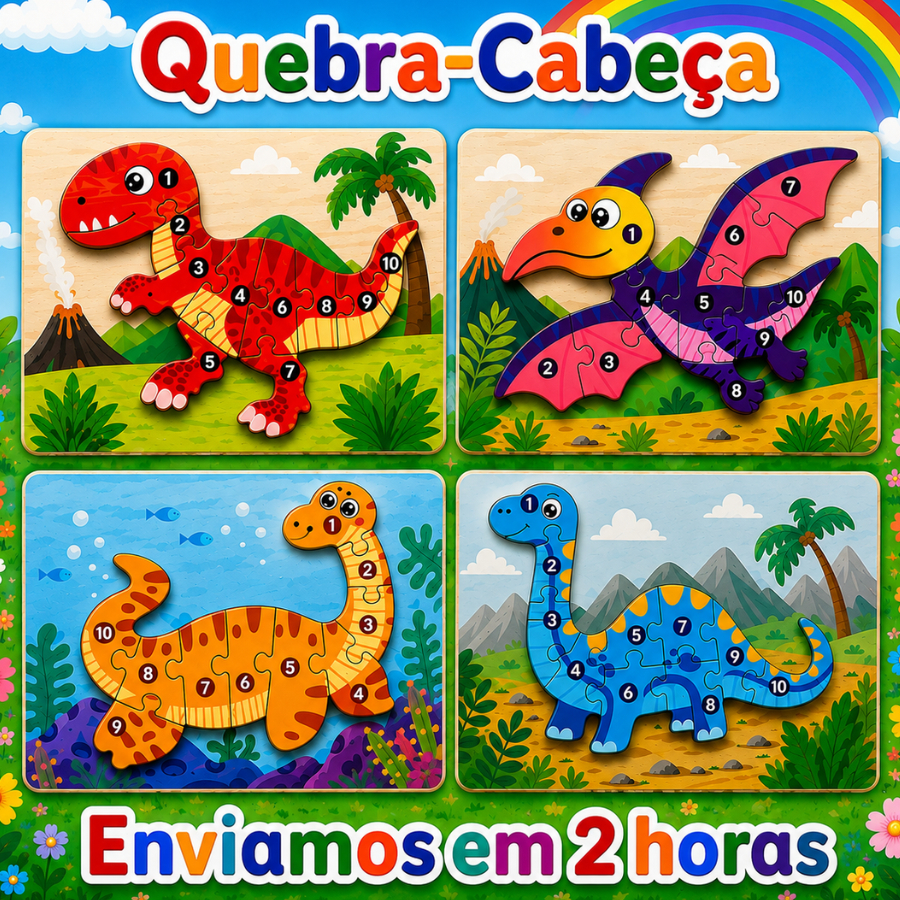 Kit 3 Quebra Cabeça em Madeira 10 Peças Jogo pedagógico Dinossauro Animais