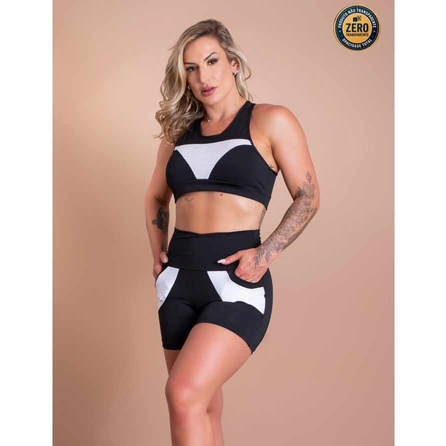 Conjunto Fitness Feminino Short Cintura Alta Bolso E Top Nadador Sustentação Tela Academia Treino ZERO TRANSPARÊNCIA