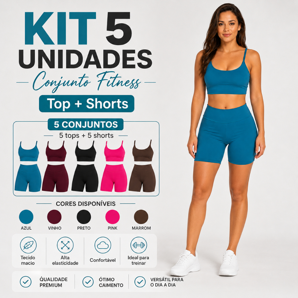 Kit 5 Conjunto Conjunto  Fitness Feminino Shorts + Top de Alça Fina em Suplex