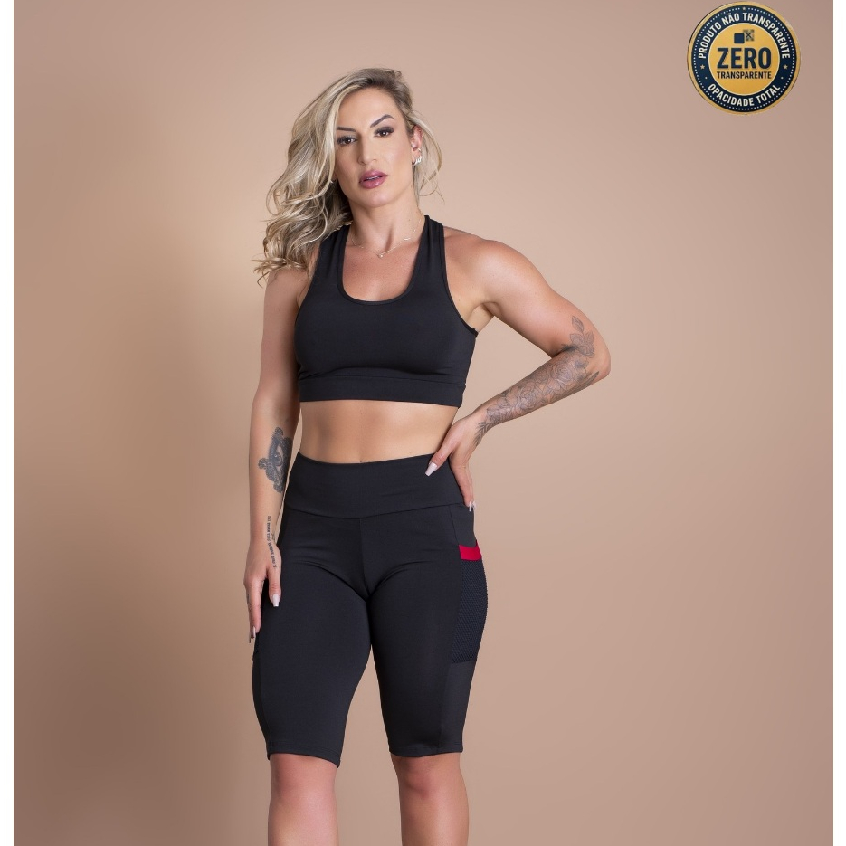 Conjunto Fitness Feminino Bermuda Ciclista Cintura Alta Bolso Tela E Top Nadador Liso Básico Academia ZERO TRANSPARÊNCIA