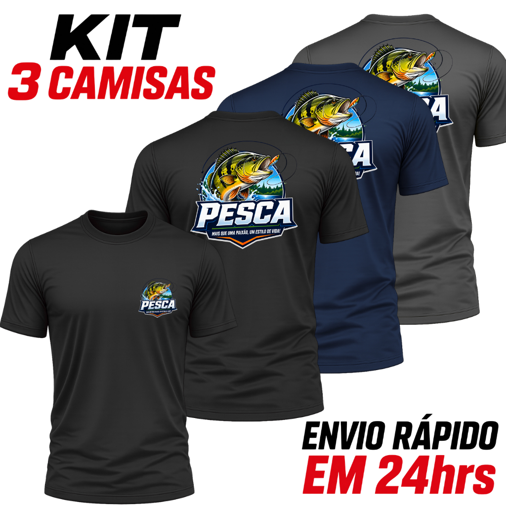 PESCA KIT 3 CAMISAS MASCULINAS UV MANGA CURTA – Camiseta de Pescador Proteção Solar Pescaria Esportiva