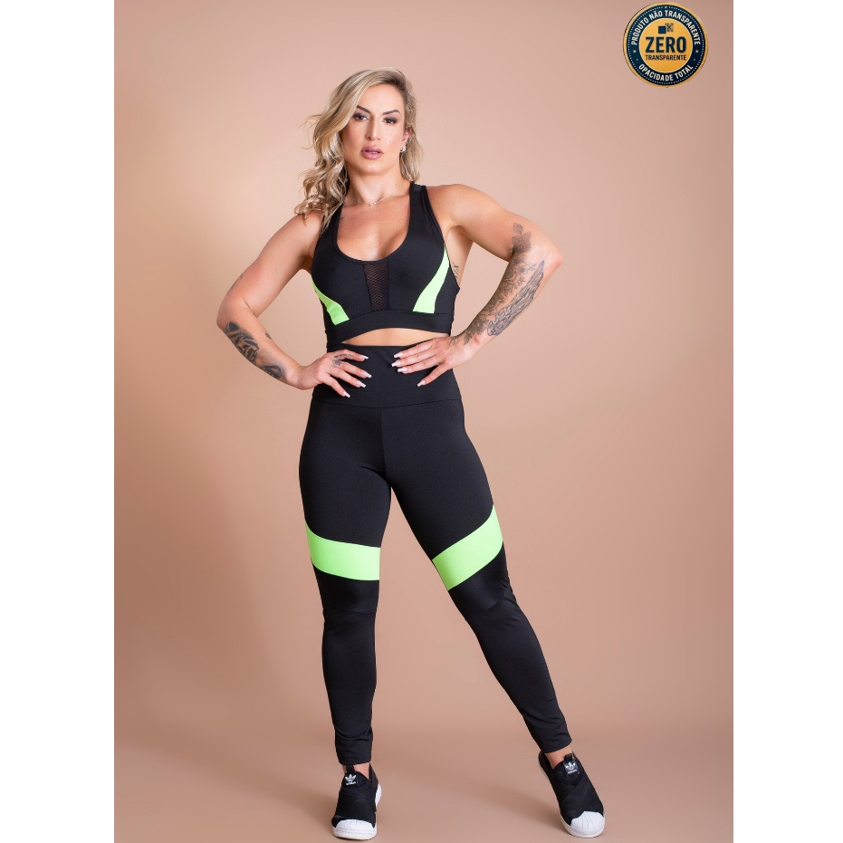 Conjunto Fitness Feminino Calça Legging Cintura Alta Detalhe Perna E Top Nadador Tela Academia ZERO TRANSPARÊNCIA