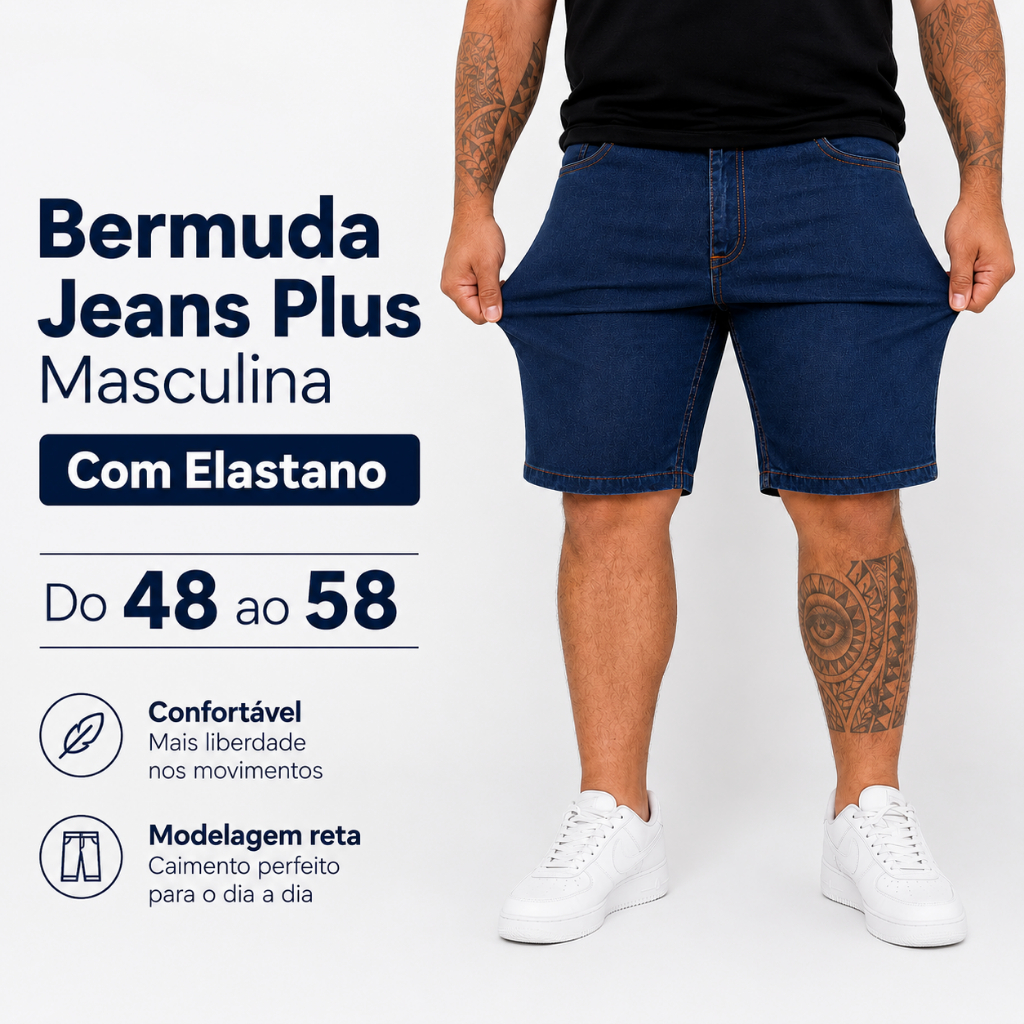 Bermuda Jeans Plus Size Masculina Stretch Com Elastano Do 48 Ao 58 Lançamento Confortavel Modelo Reta Costura Reforçada
