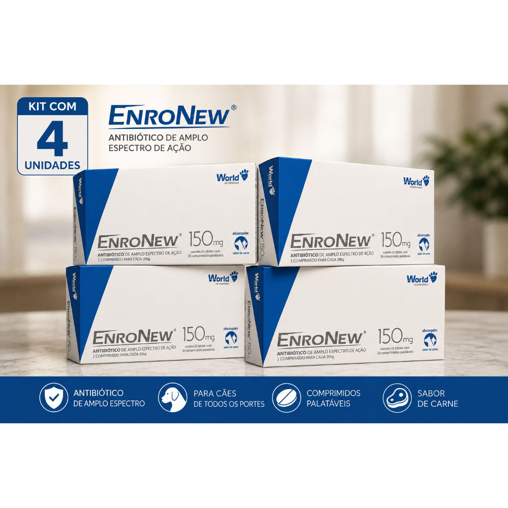 Kit 4 EnroNew World 50mg para Cães e Gatos de até 10kg - 10 Comprimidos