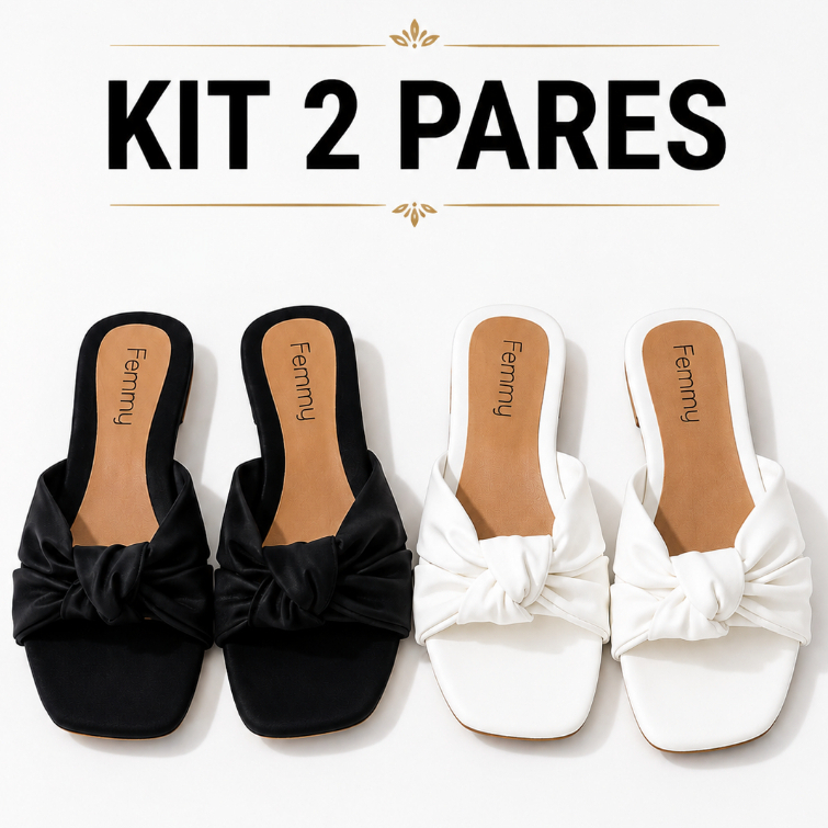 Kit 2 Pares Sandália Rasteirinha Feminina Nó Confortável Bico Quadrado Várias Cores