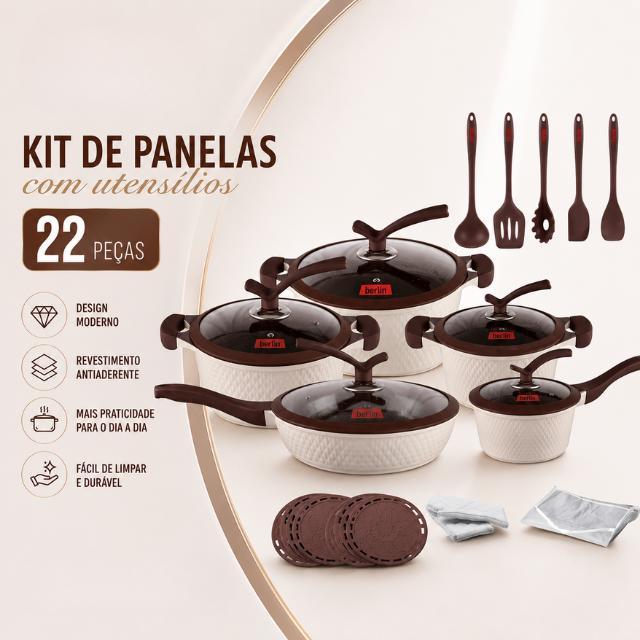 Conjunto Jogo de Panelas Antiaderente 22 Peças Antiaderente Indução Gás Conjunto Revestido Cerâmica Várias Cores