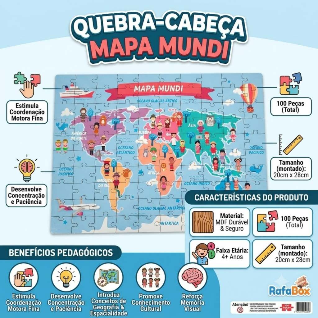 Brinquedo Pedagógico Educativo Quebra Cabeça Infantil Mapa Mundi 100 Peças