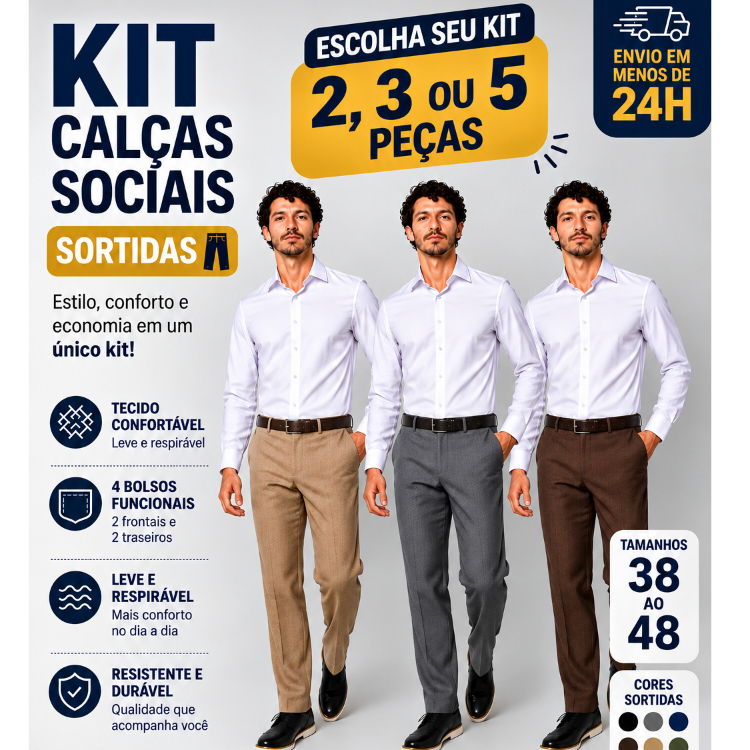 Kit Calças Sociais Masculinas Sortidas Modelo Reto Confortável Para Todas as Idades 38 ao 48