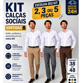Kit Calças Sociais Masculinas Sortidas Modelo Reto Confortável Para Todas as Idades 38 ao 48