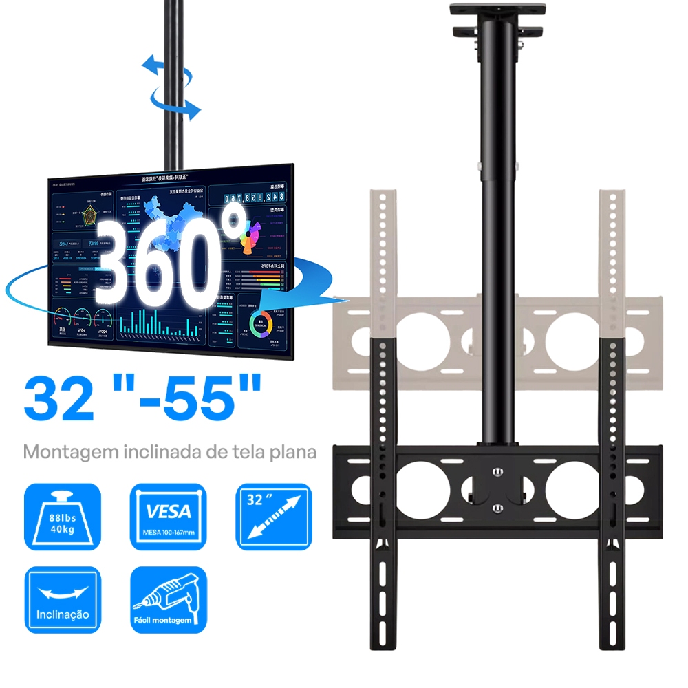 Suporte Teto TV 32-55" Giratório 360° Inclina 30° 40kg Aço. Ideal Restaurante e Loja