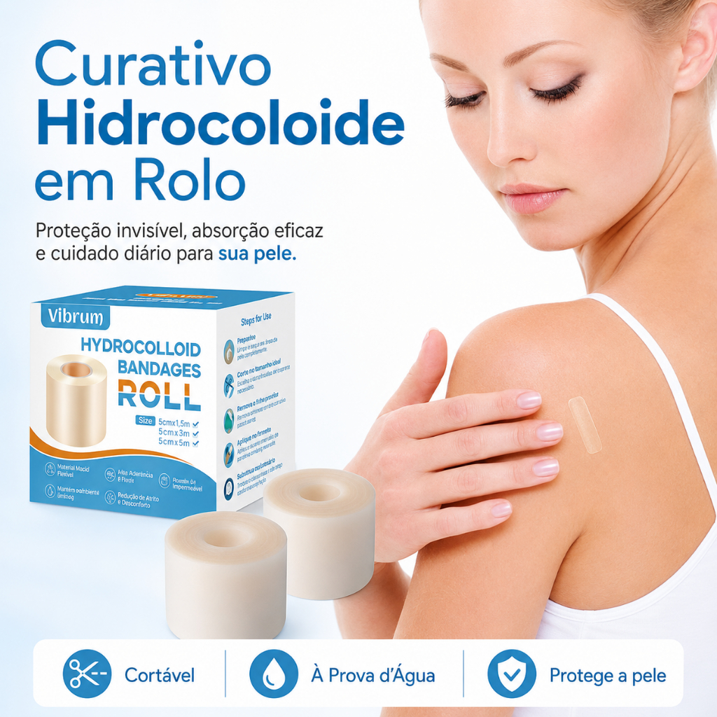Curativo Hidrocoloide em Rolo 5cm, Recortável e Impermeável, Adesivo Flexível para Proteção da Pele, Bolhas, Atrito