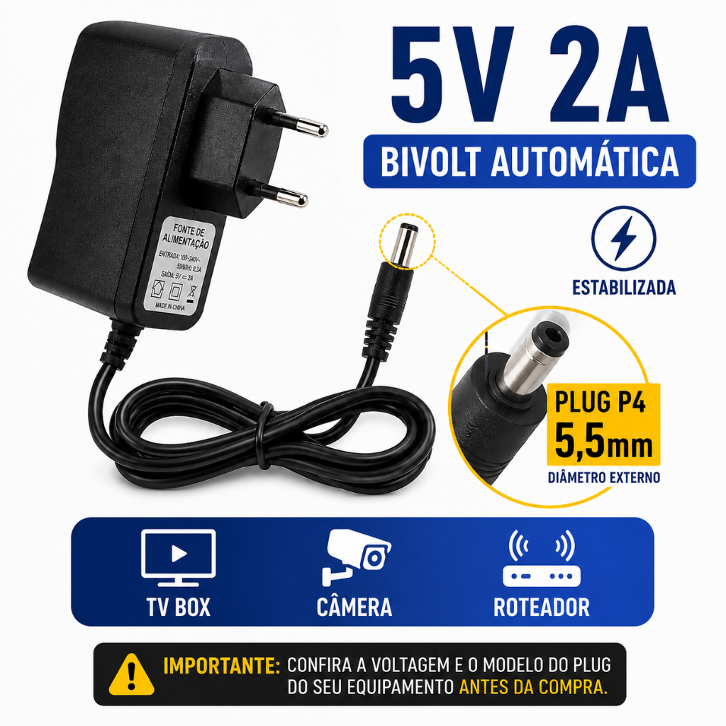 Fonte 5V 2A Bivolt Plug P4 5,5 × 2,1 mm Para TV Box Câmera DVR Roteador Universal Conversor
