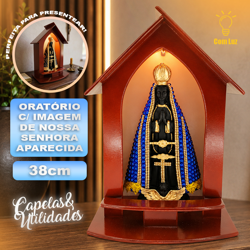 (4) Imagem Nossa Senhora Aparecida 37cm Com Luz e Capela Oratório Porta Santo de Madeira
