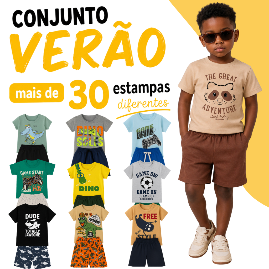 Kit 10 Peças Conjunto Verão Menino Calor Infantil Masculino Estampas Sortidas Camiseta e Shorts Regata