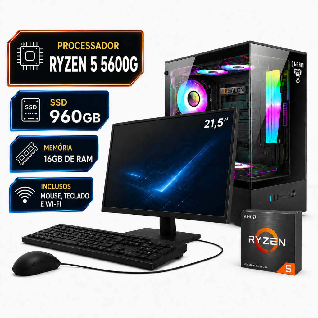 Computador Gamer Amd Ryzen 5 5600G - 16GB - 960GB - Monitor 21,5"