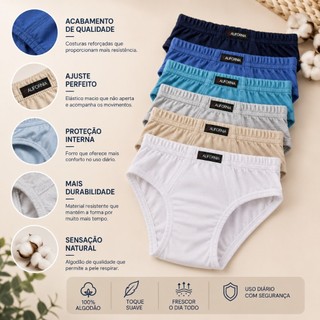 Kit 3 Cuecas Lisas Infantil Menino Algodão Califórnia Costura Dupla Elástico Embutido