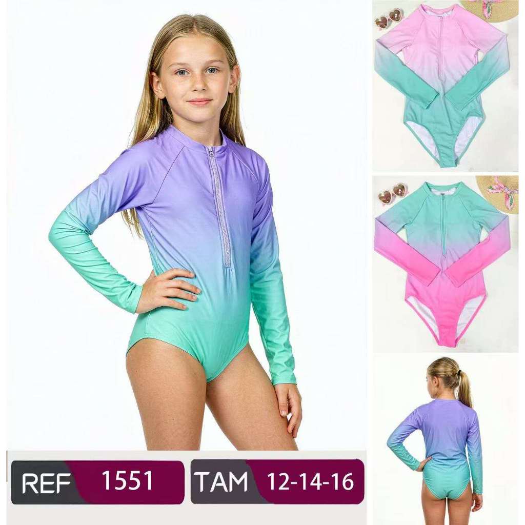 Maiô Infantil Manga Longa Proteção UV, Degradê Zíper Frontal Praia Piscina--1551