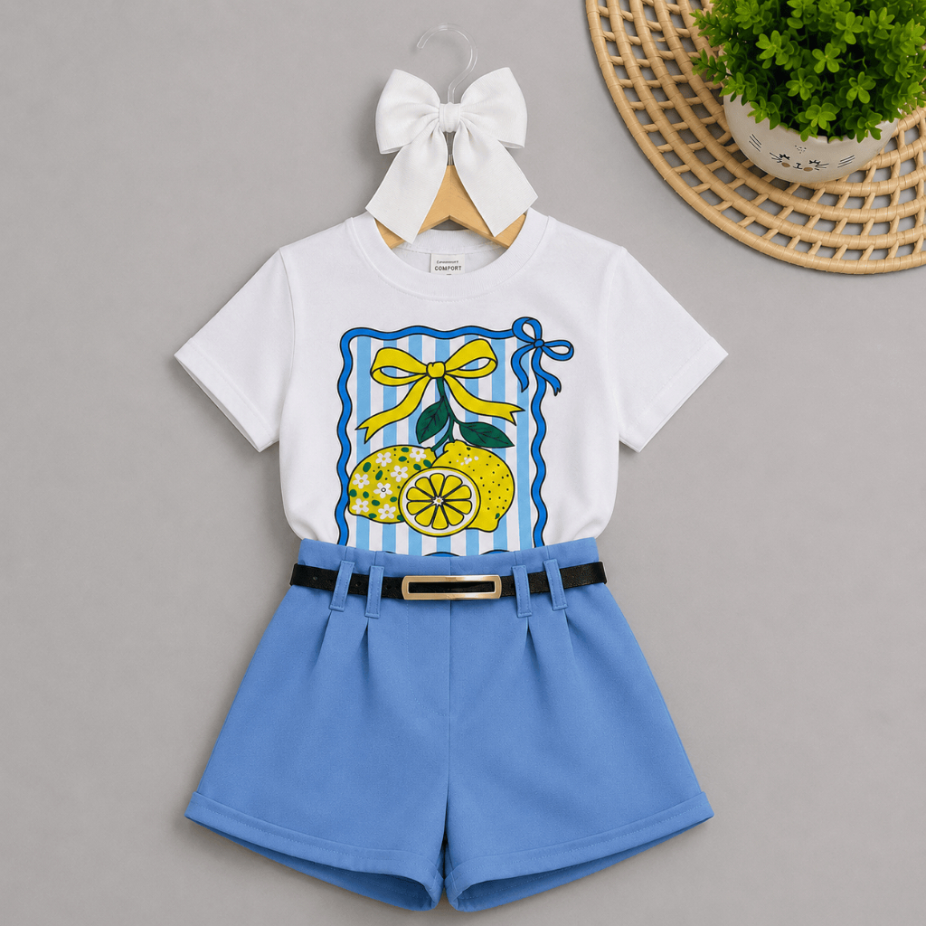 Conjunto Infantil Feminino Look Blogueirinha T-Shirt  Estampada Limão Siciliano+ Short Alfaiataria com Cinto Mini Diva